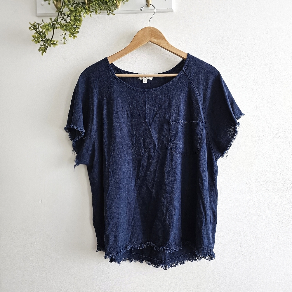 Umgee USA Linen Blend Oversized Navy Top Raw Hem Pocket Blouse M